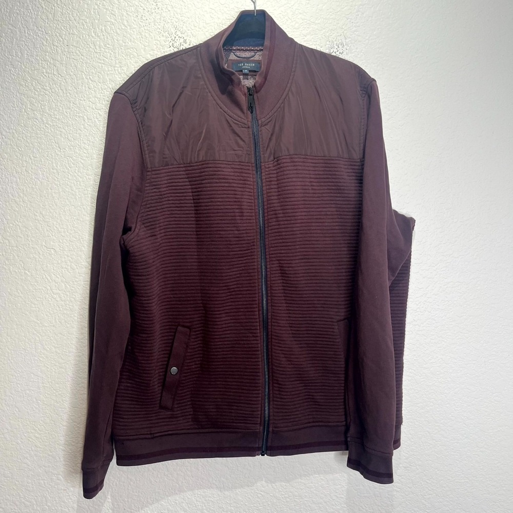 Ted Baker London Sardin Quilted Bomber Jacket Mens 7 Plum Ribbed Knit Full Zip